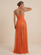 Orange Halter Neck Chiffon Cut-out Evening Gown with Slit
