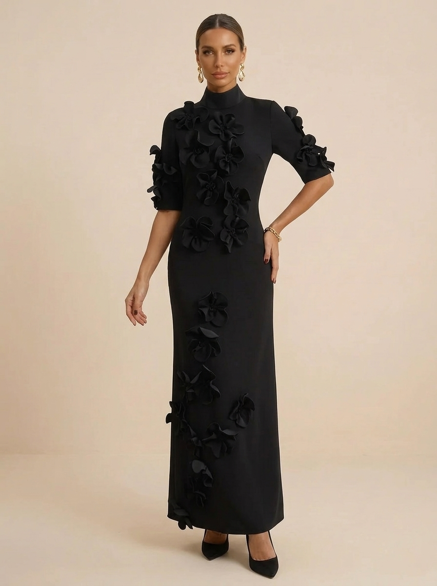Black Short Sleeves High Neck Evening Gown with 3D Floral Appliques