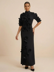 Black Short Sleeves High Neck Evening Gown with 3D Floral Appliques