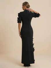 Black Short Sleeves High Neck Evening Gown with 3D Floral Appliques