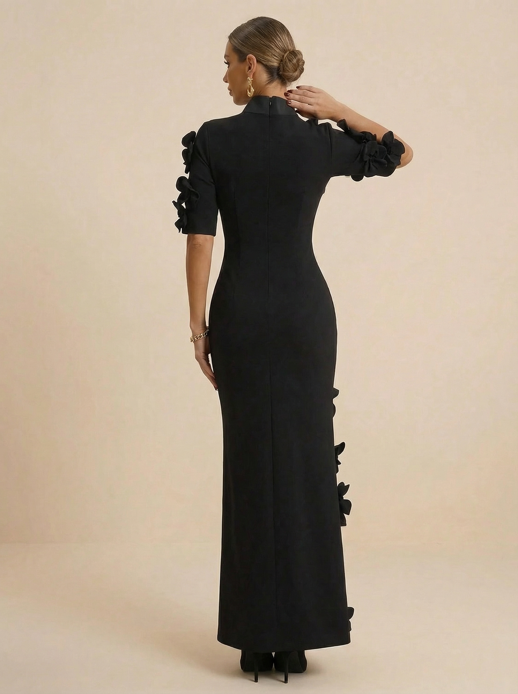 Black Short Sleeves High Neck Evening Gown with 3D Floral Appliques