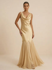 Champagne Gold Cowl Neck Satin  Mermaid Evening Gown with Tulle