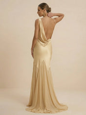 Champagne Gold Cowl Neck Satin  Mermaid Evening Gown with Tulle