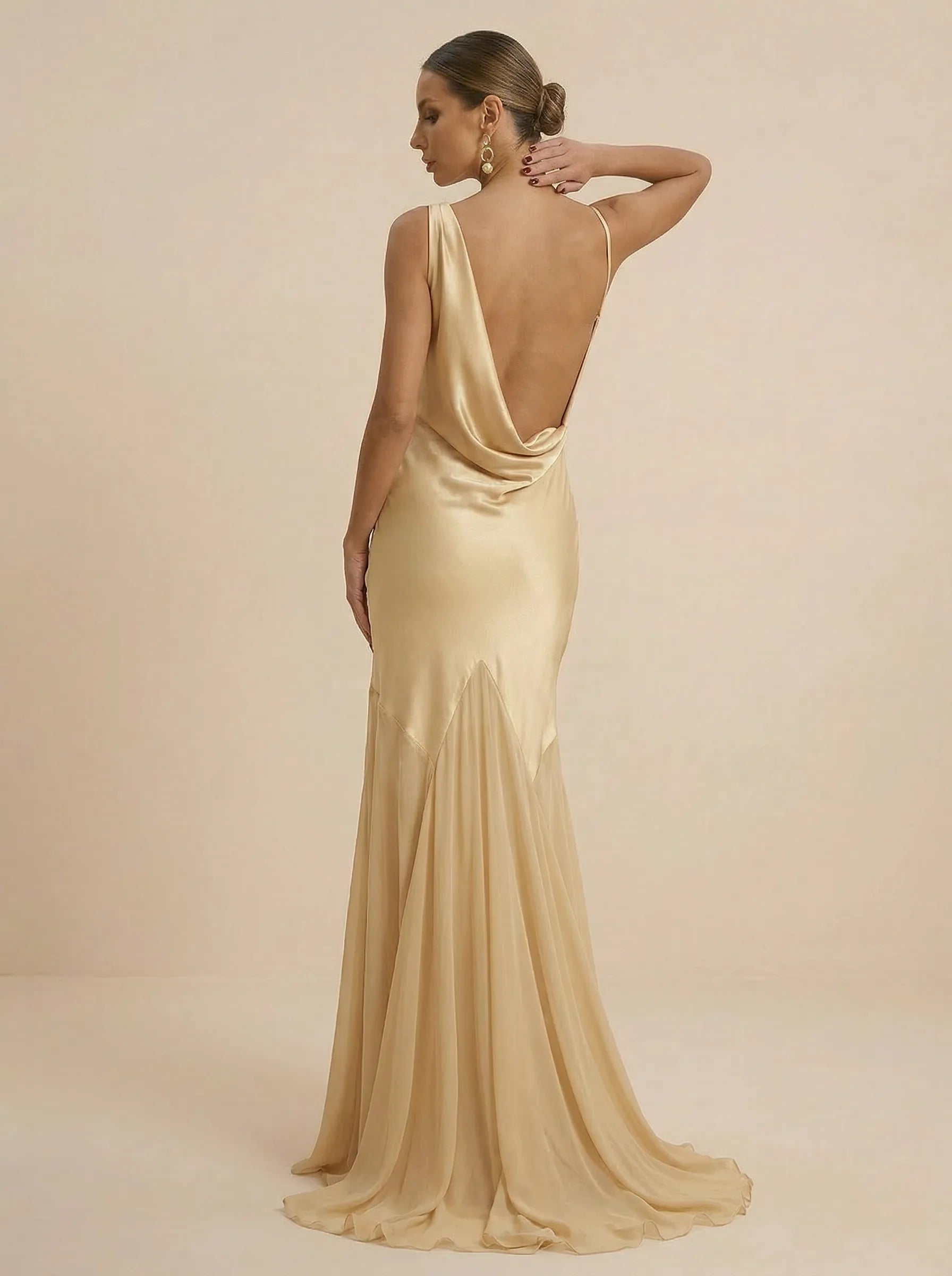Champagne Gold Cowl Neck Satin  Mermaid Evening Gown with Tulle