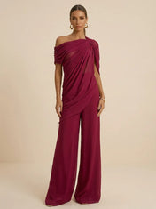 Wine Red One Shoulder Jumpsuit Evening Dress with Pleated