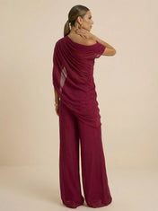 Wine Red One Shoulder Jumpsuit Evening Dress with Pleated