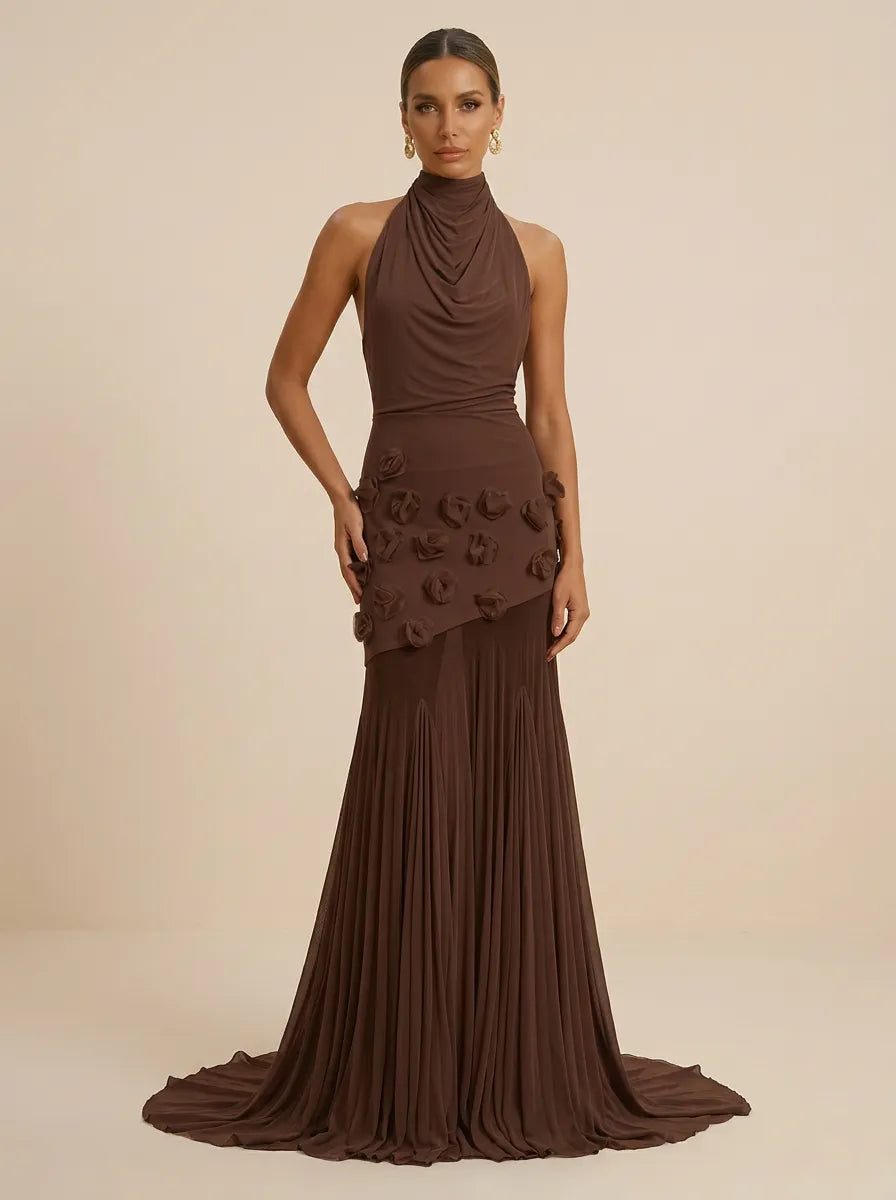 Brown Cowl Halter Neck Evening Gown with 3D Floral
