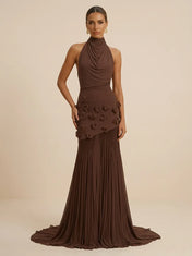 Brown Cowl Halter Neck Evening Gown with 3D Floral