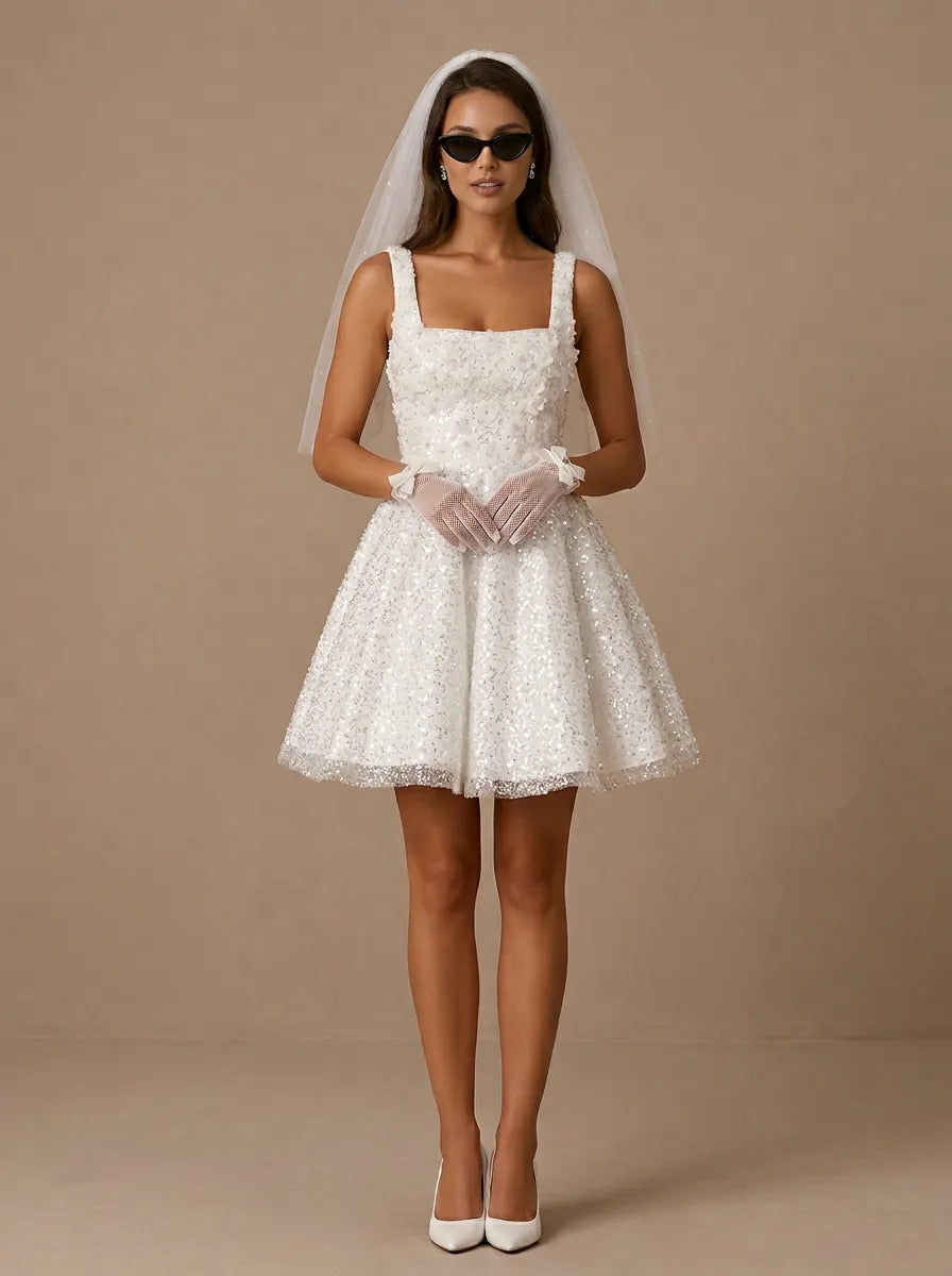 Square Neck Sparkly White Sequin Mini Bridal Dress with 3D Appliques
