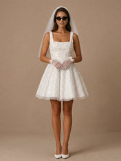 Square Neck Sparkly White Sequin Mini Bridal Dress with 3D Appliques