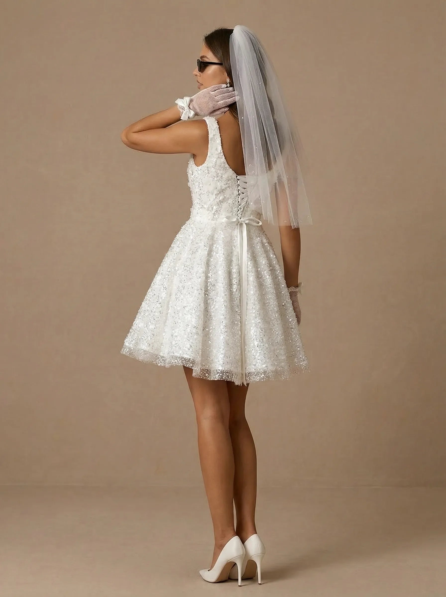 Square Neck Sparkly White Sequin Mini Bridal Dress with 3D Appliques