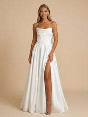 White Strapless Satin Corset Pleated A-Line Wedding Dress with Slit