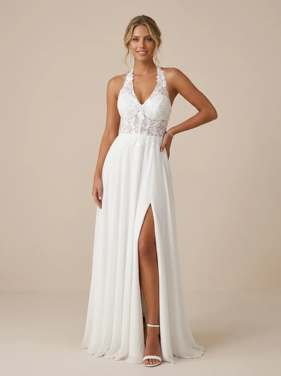 White Halter Neck Lace Wedding Dress with High Slit