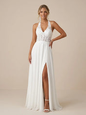 White Halter Neck Lace Wedding Dress with High Slit