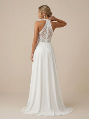 White Halter Neck Lace Wedding Dress with High Slit