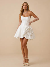 Strapless White Jacquard Corset Mini Wedding Dress with 3D Floral