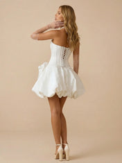 Strapless White Jacquard Corset Mini Wedding Dress with 3D Floral