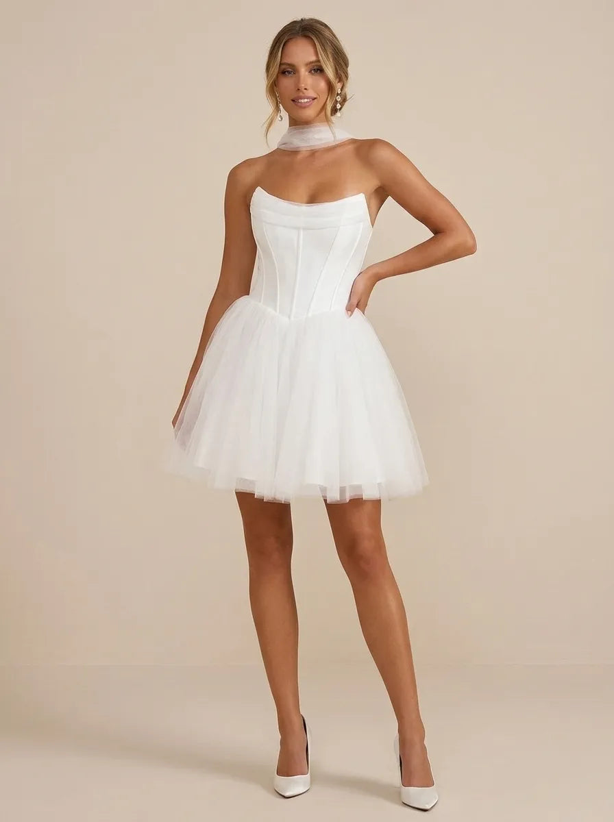 White Strapless Tulle Scarf Mini Wedding Dress with Corset