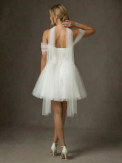 White Strapless Tulle Scarf Mini Wedding Dress with Corset
