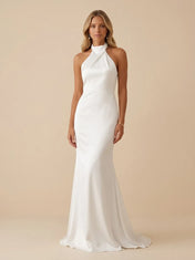 White Halter Neck Satin High Neck Mermaid Wedding Dress