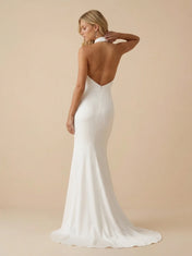 White Halter Neck Satin High Neck Mermaid Wedding Dress