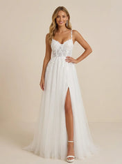 White Spaghetti Strap Lace Tulle A-Line Bridal Gown with Slit
