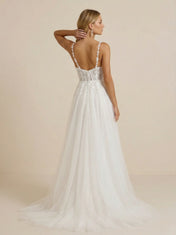 White Spaghetti Strap Lace Tulle A-Line Bridal Gown with Slit