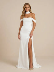 White Off the Shoulder Satin Wedding Dress with High Slit