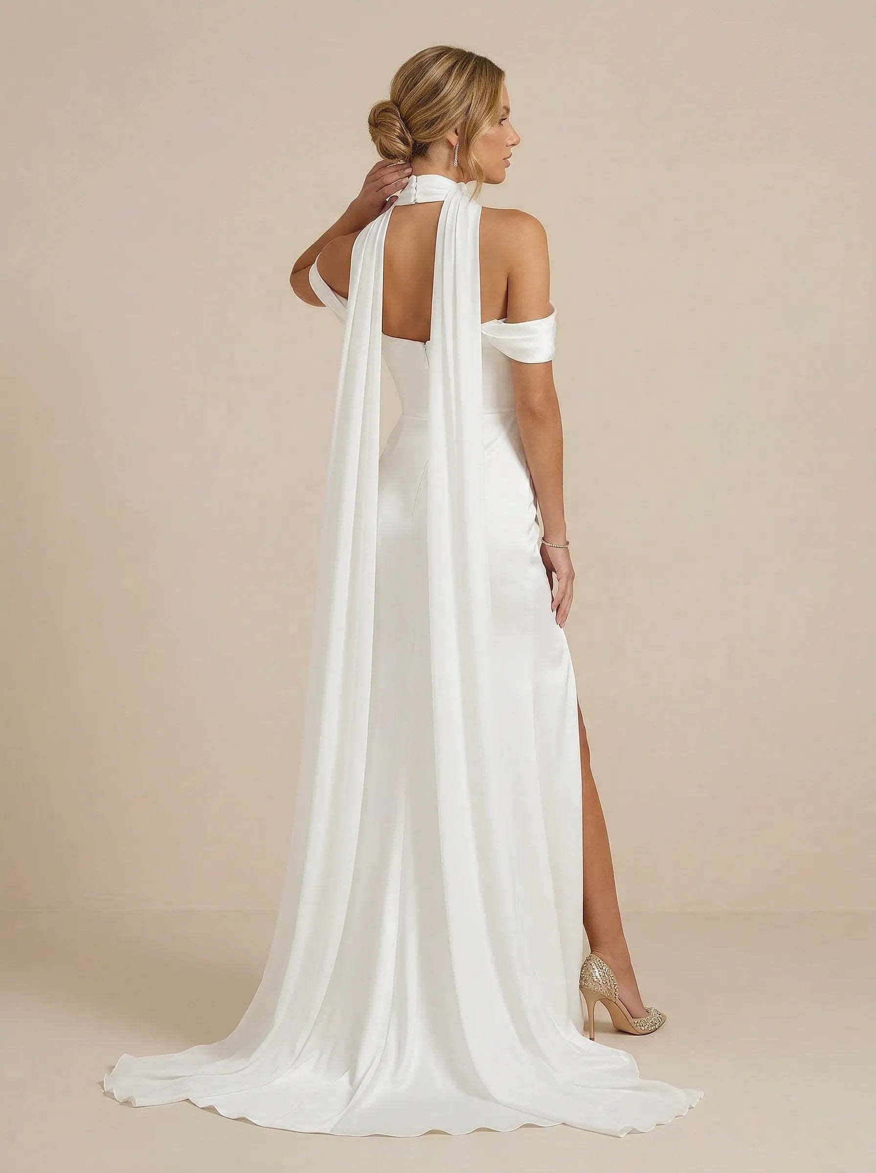 White Off the Shoulder Satin Wedding Dress with High Slit
