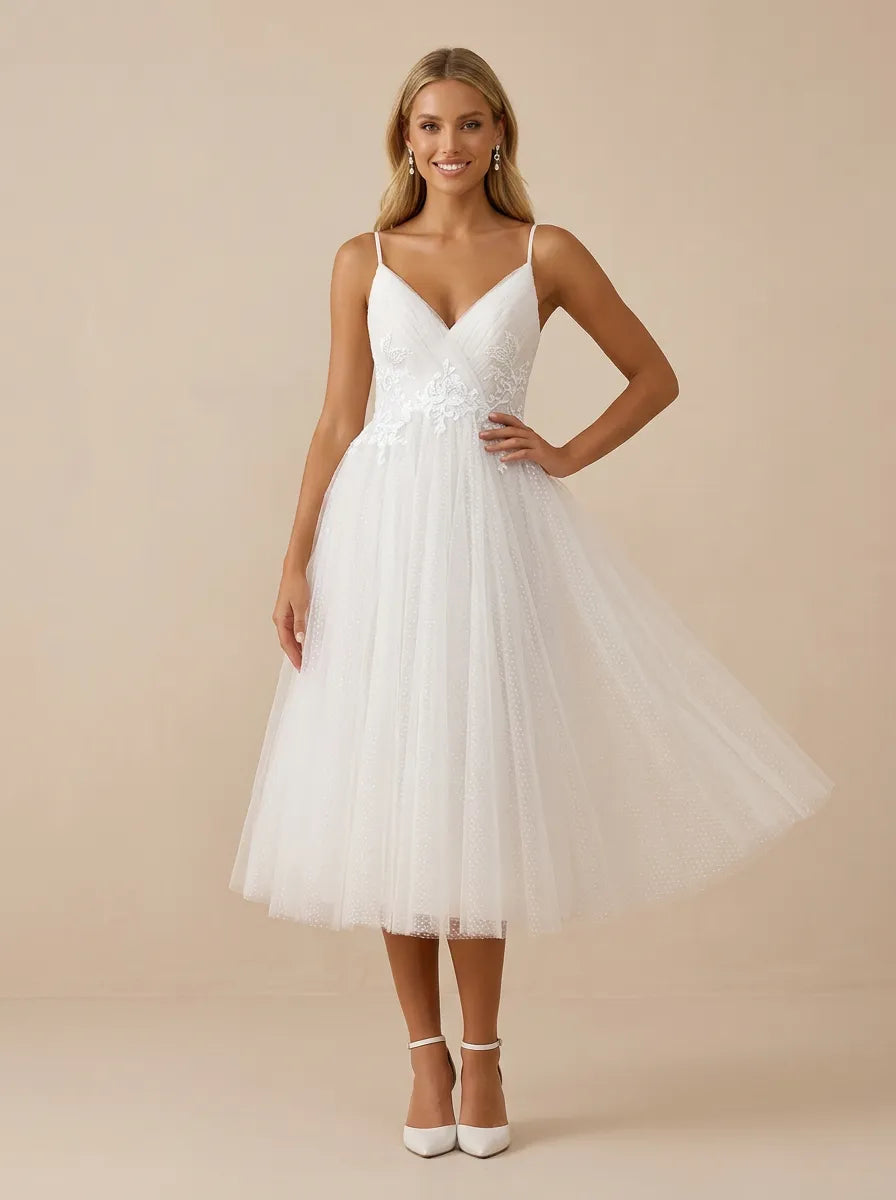 White Spaghetti Strap Tulle Mini Wedding Dress with Lace Appliques
