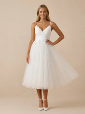 White Spaghetti Strap Tulle Mini Wedding Dress with Lace Appliques