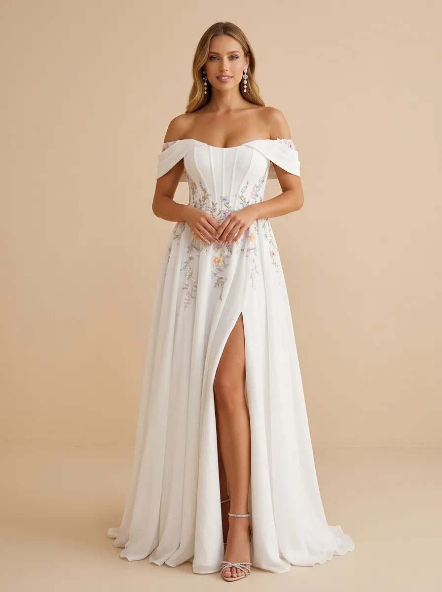 Off the Shoulder Floral Embroidered Corset Wedding Dress with High Slit