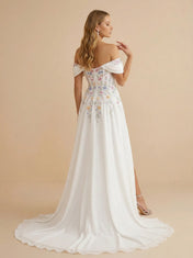 Off the Shoulder Floral Embroidered Corset Wedding Dress with High Slit