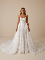 3D Floral Spaghetti Strap Lace Mermaid Wedding Dress with Detachable Train
