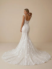 3D Floral Spaghetti Strap Lace Mermaid Wedding Dress with Detachable Train