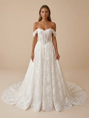 Off the Shoulder Lace Corset Wedding Dress with Train