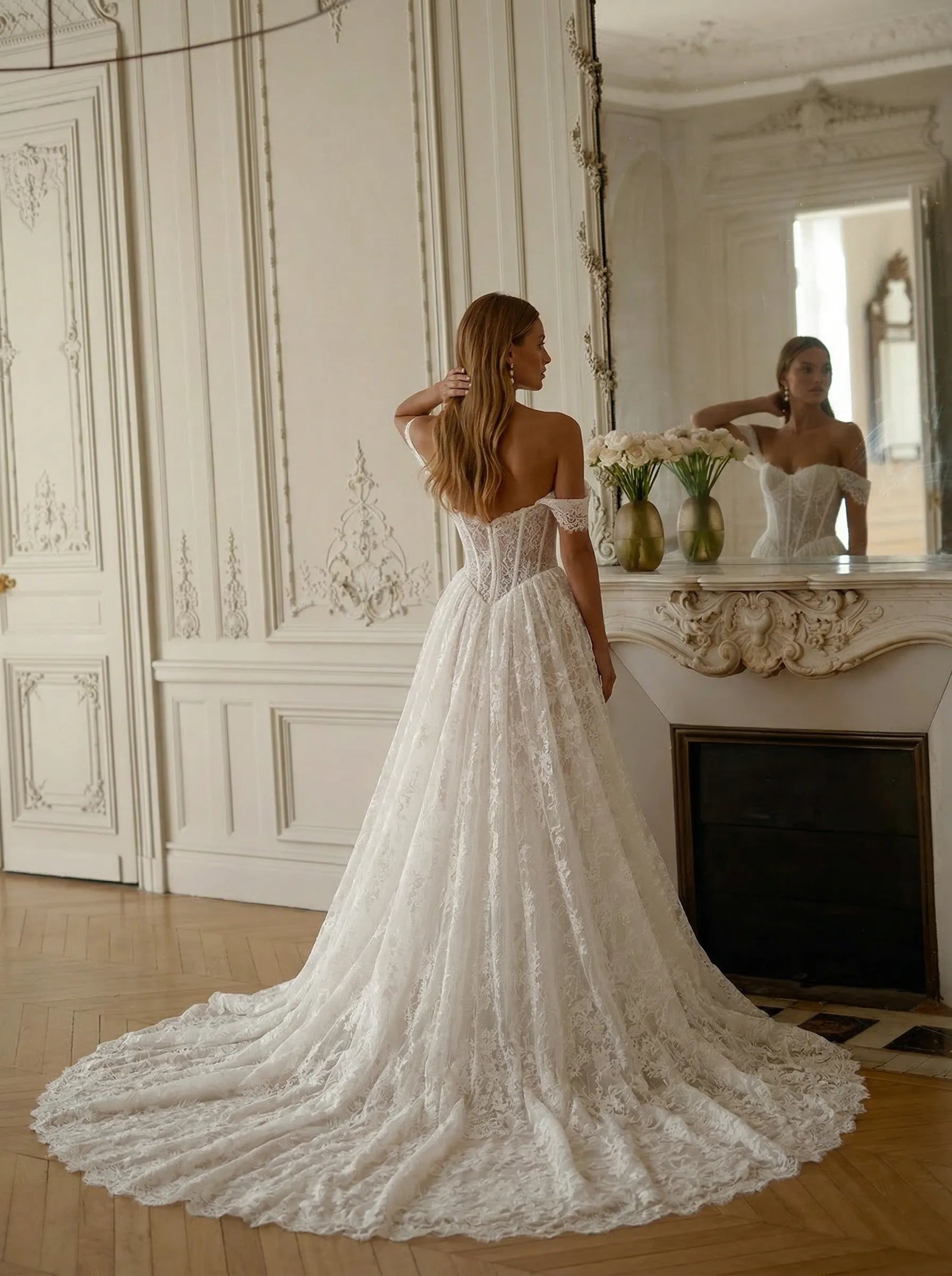 Off the Shoulder Lace Corset Wedding Dress with Train