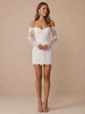 Off the Shoulder Lace Corset Bodice Mini Wedding Dress with Long Sleeves