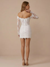 Off the Shoulder Lace Corset Bodice Mini Wedding Dress with Long Sleeves