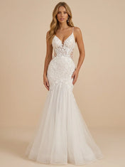 V-Neck Spaghetti Straps Lace Applique Mermaid Wedding Dress