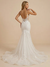 V-Neck Spaghetti Straps Lace Applique Mermaid Wedding Dress