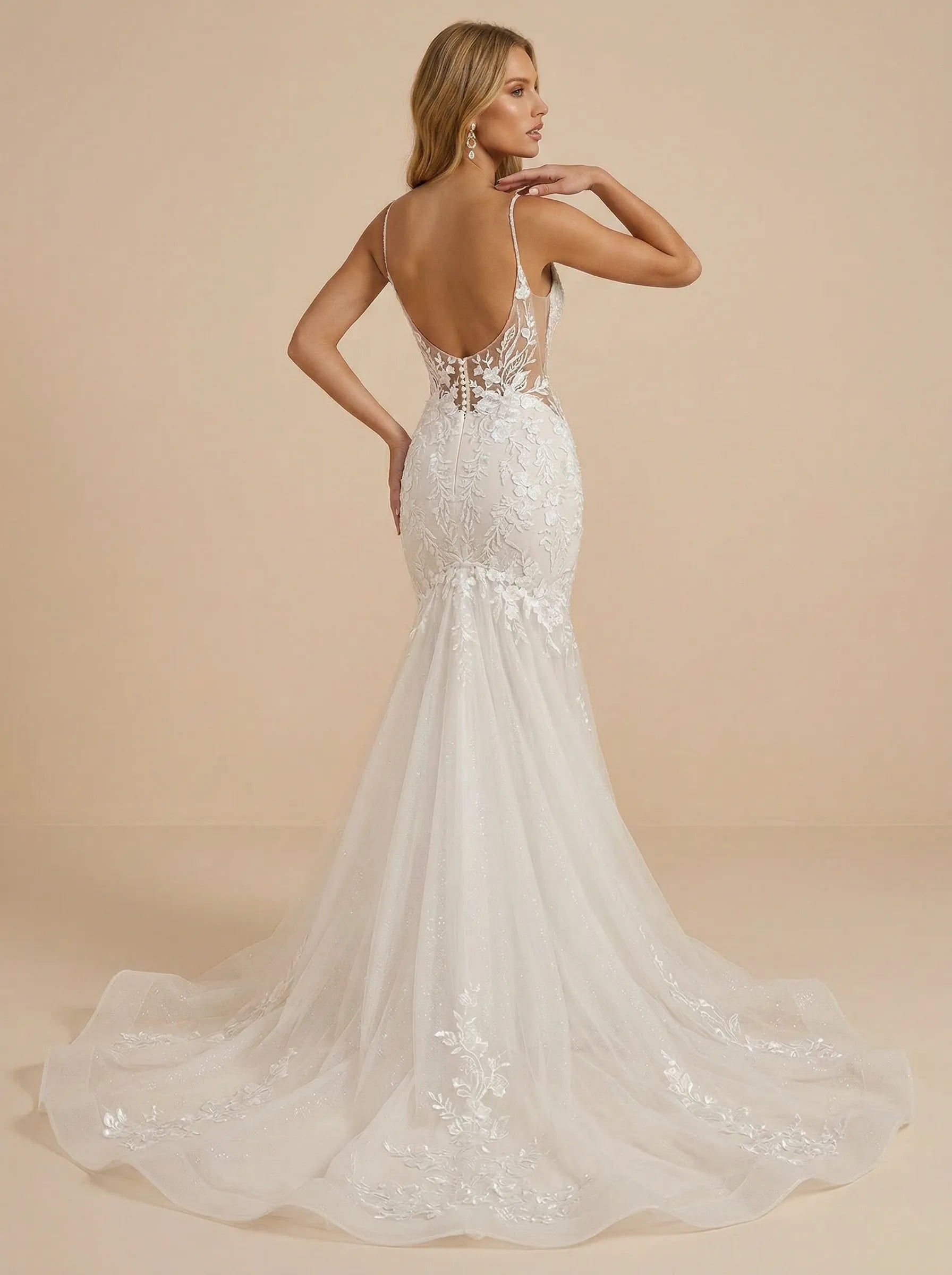 V-Neck Spaghetti Straps Lace Applique Mermaid Wedding Dress