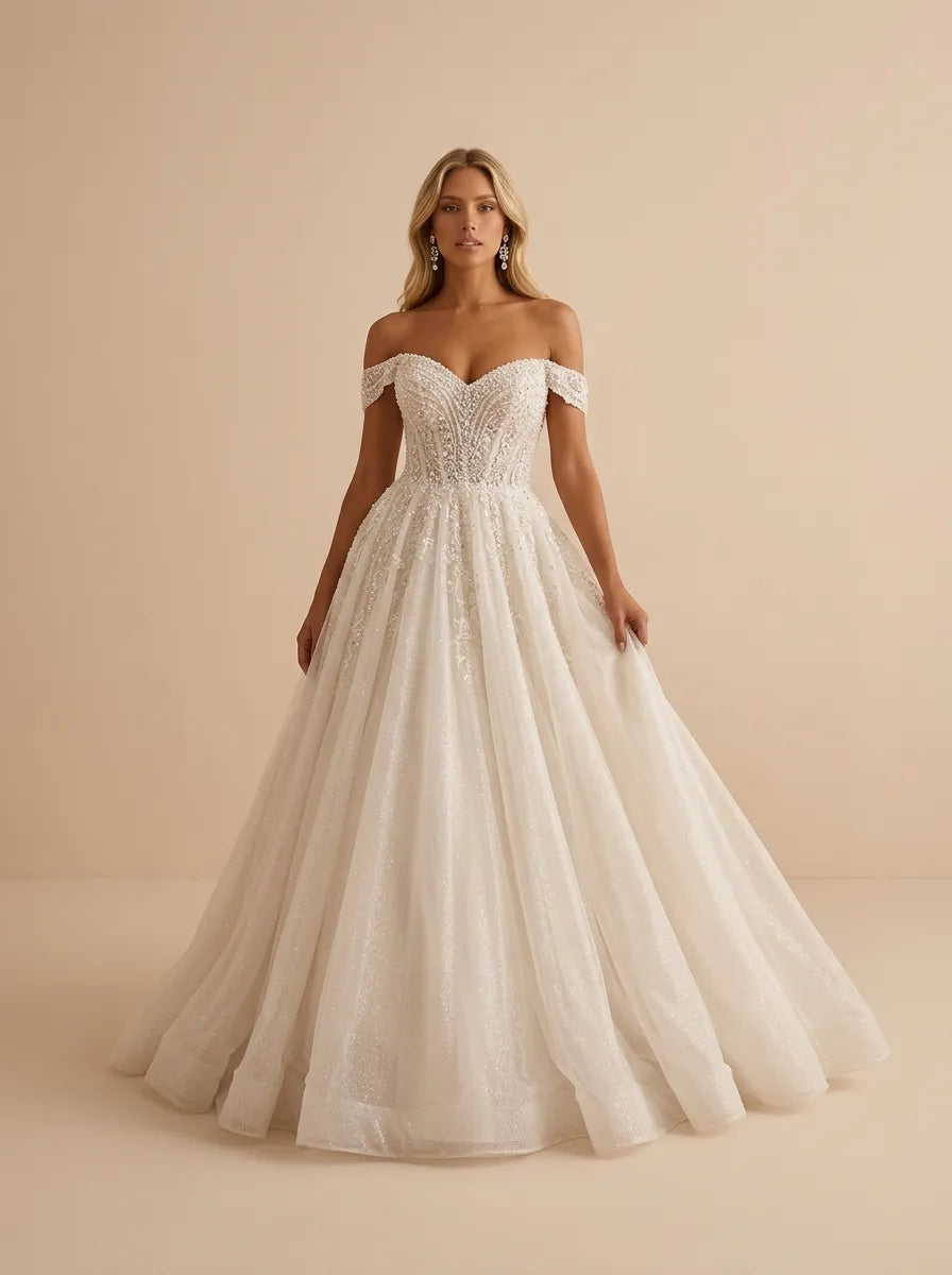 Ivory Off the Shoulder Sweetheart Tulle Wedding Dress with Sequins