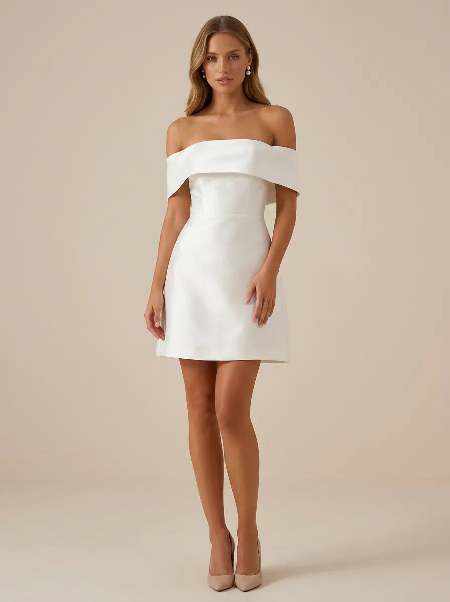 White Off the Shoulder Satin A-Line Mini Wedding Dress