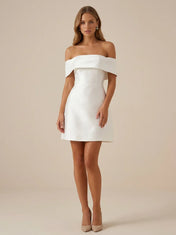 White Off the Shoulder Satin A-Line Mini Wedding Dress