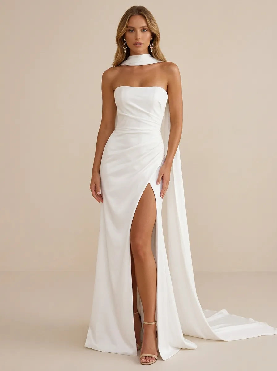 Strapless Ruched High Slit Satin Wedding Dress with Scarf