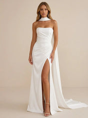 Strapless Ruched High Slit Satin Wedding Dress with Scarf