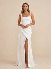White Square Neck Sleeveless Satin Wedding Dress with High Slit