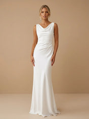 White Cowl Neck Sleeveless Backless Satin Bridal Gown with Ruched