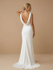 White Cowl Neck Sleeveless Backless Satin Bridal Gown with Ruched